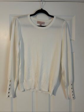 Philosophy Cream Long Sleeve Crewneck Knit Top with Button Cuffs